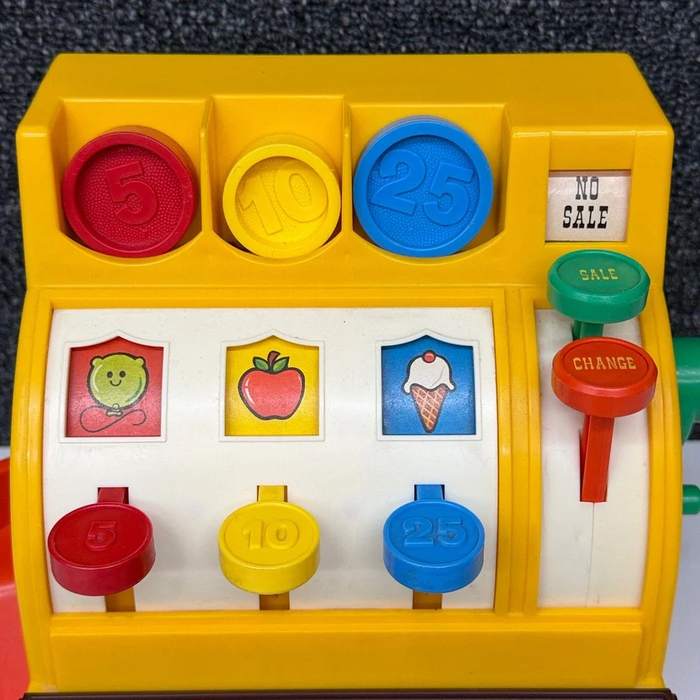 Vintage 1974 Fisher Price Cash Register 926 with 5 Coins Retro Toy Made in USA